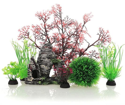 7 Pack Aquarium Fish Tank Plastic Plants and Cave Rock Decorations Decor, Colorful Small Artificial Plants